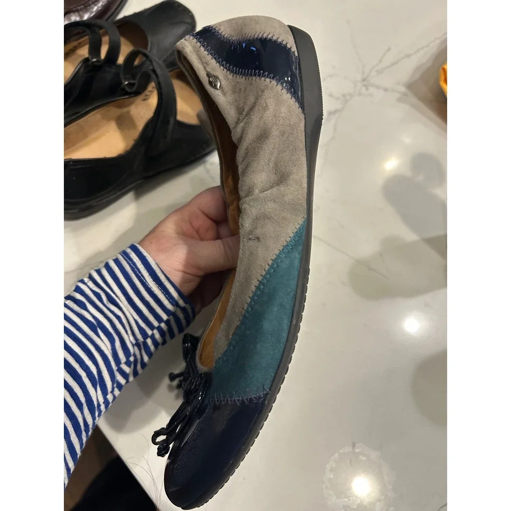 Nurture Ballet Flats Navy Teal Grey Patchwork Suede Patent Bow Comfort Shoes 10M